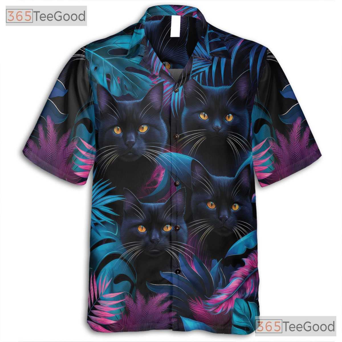 Neon Black Cat Tropical Aesthetic Hawaiian Shirt Men Women Summer Getaway