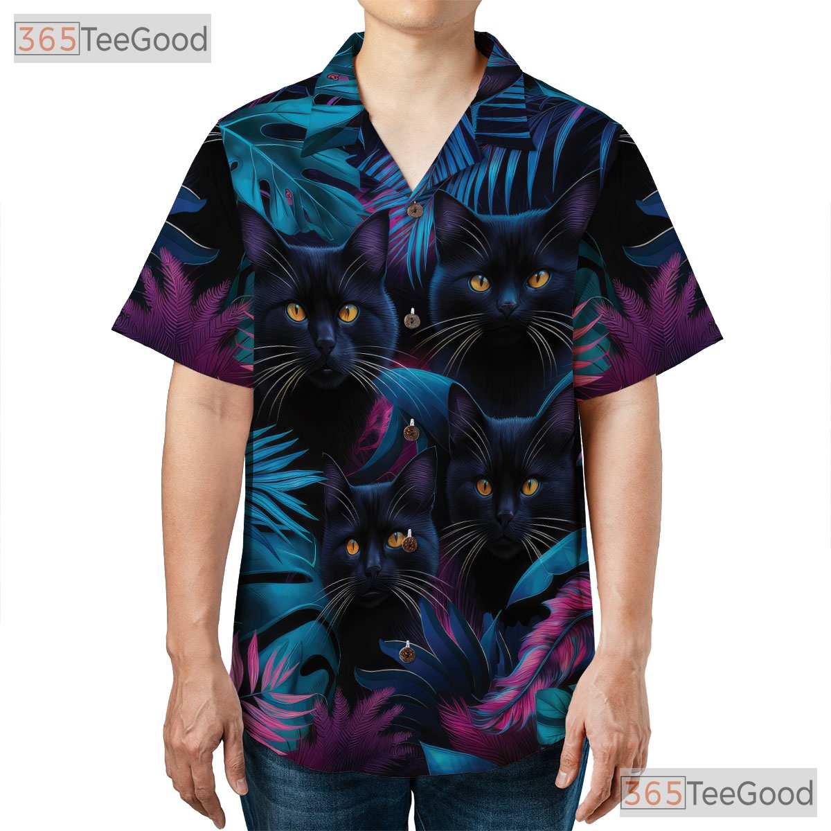 Neon Black Cat Tropical Aesthetic Hawaiian Shirt Men Women Summer Getaway