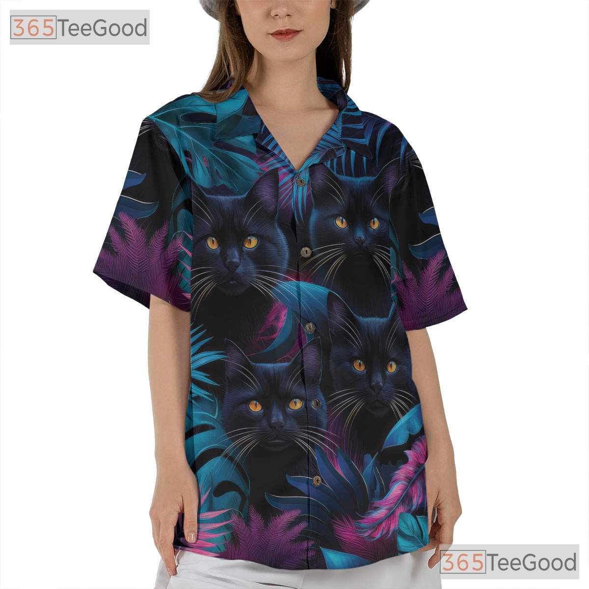 Neon Black Cat Tropical Aesthetic Hawaiian Shirt Men Women Summer Getaway