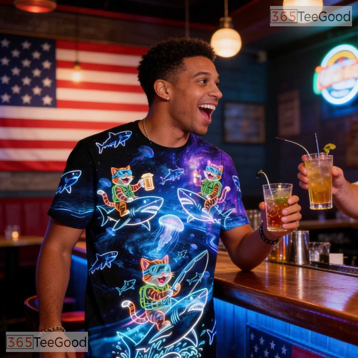 Glowing Neon Cat Animal Graphic Art Pattern 3D Printed Casual Unisex T-Shirts