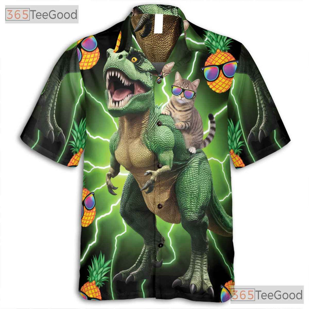 Neon Cat Riding Dinosaur Hawaiian Shirt- Unisex Funny Pineapple Aloha Party Top