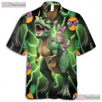 Neon Cat Riding Dinosaur Hawaiian Shirt- Unisex Funny Pineapple Aloha Party Top
