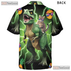 Neon Cat Riding Dinosaur Hawaiian Shirt- Unisex Funny Pineapple Aloha Party Top