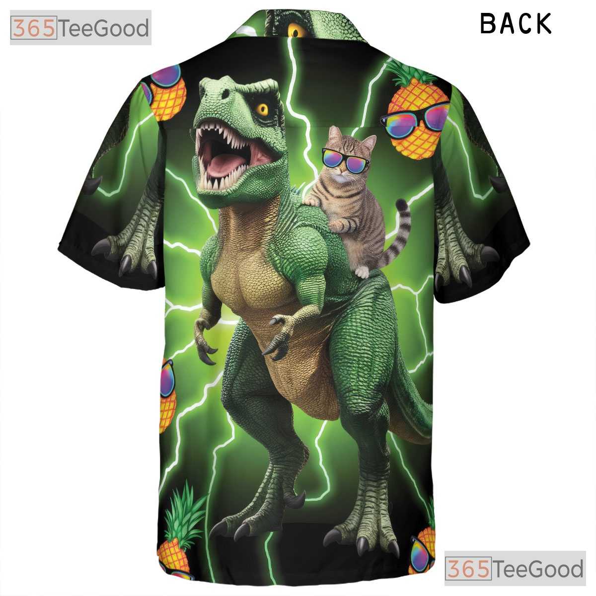 Neon Cat Riding Dinosaur Hawaiian Shirt- Unisex Funny Pineapple Aloha Party Top