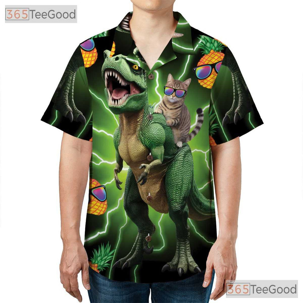 Neon Cat Riding Dinosaur Hawaiian Shirt- Unisex Funny Pineapple Aloha Party Top