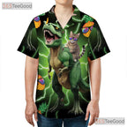 Neon Cat Riding Dinosaur Hawaiian Shirt- Unisex Funny Pineapple Aloha Party Top