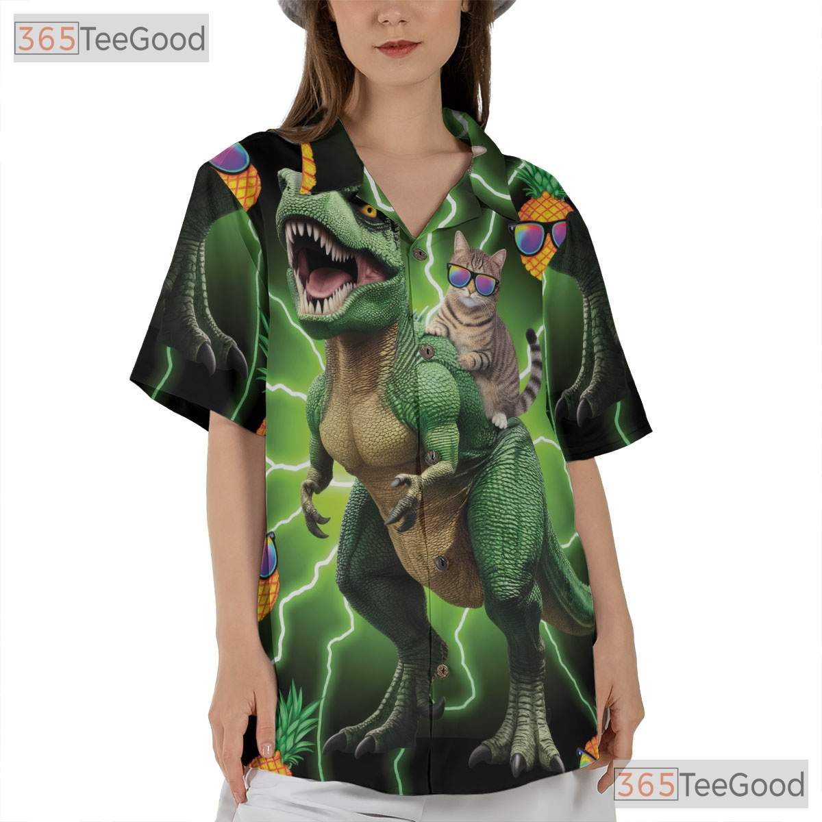 Neon Cat Riding Dinosaur Hawaiian Shirt- Unisex Funny Pineapple Aloha Party Top