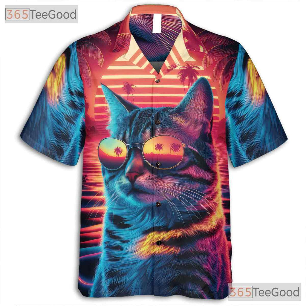 Neon Cat Sunset Retro 80s Synthwave Beach Vacation Hawaiian Tee Unisex Top
