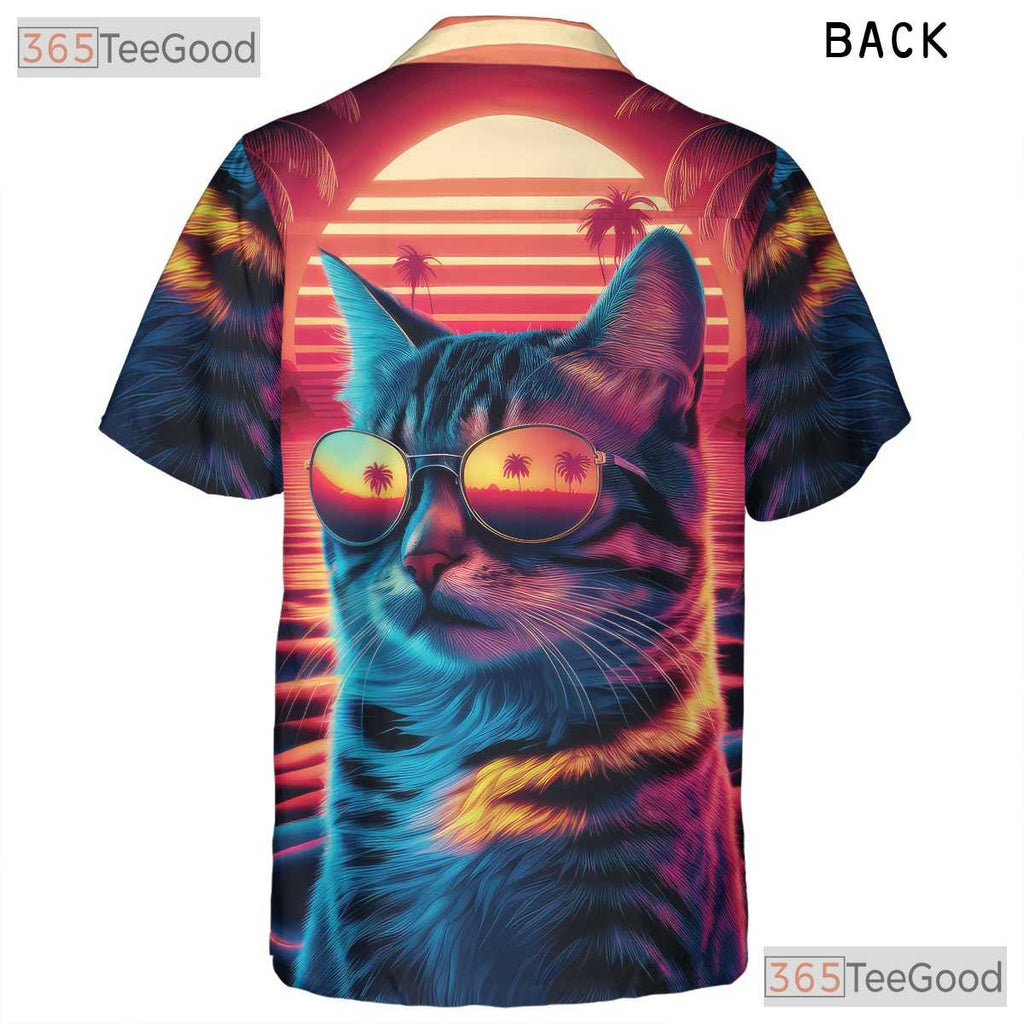 Neon Cat Sunset Retro 80s Synthwave Beach Vacation Hawaiian Tee Unisex Top