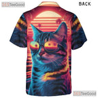 Neon Cat Sunset Retro 80s Synthwave Beach Vacation Hawaiian Tee Unisex Top