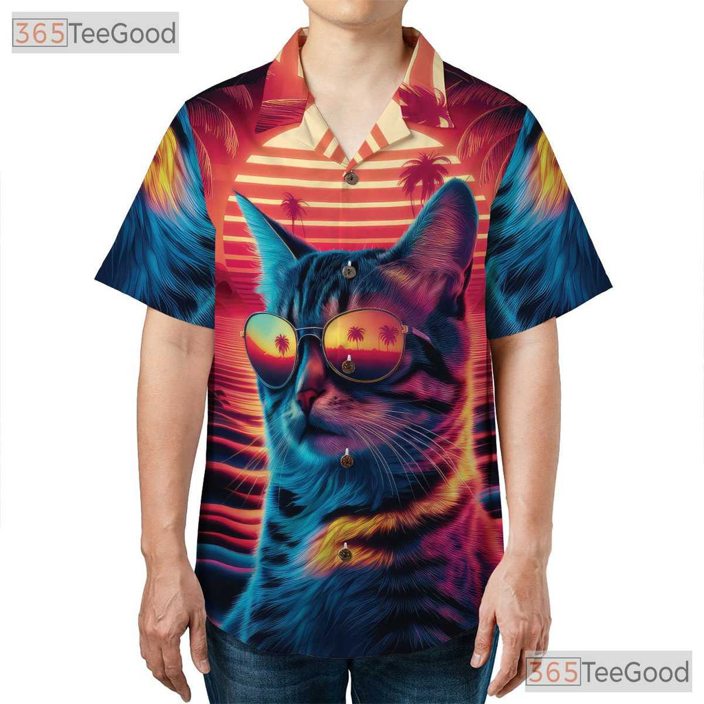 Neon Cat Sunset Retro 80s Synthwave Beach Vacation Hawaiian Tee Unisex Top
