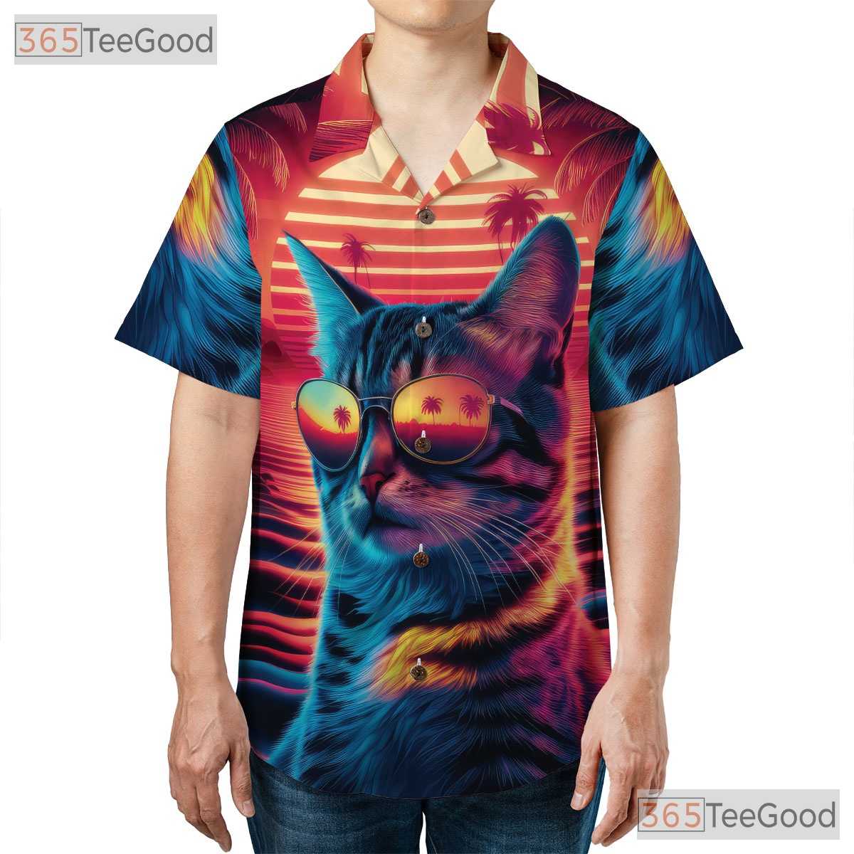 Neon Cat Sunset Retro 80s Synthwave Beach Vacation Hawaiian Tee Unisex Top
