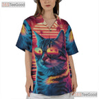 Neon Cat Sunset Retro 80s Synthwave Beach Vacation Hawaiian Tee Unisex Top