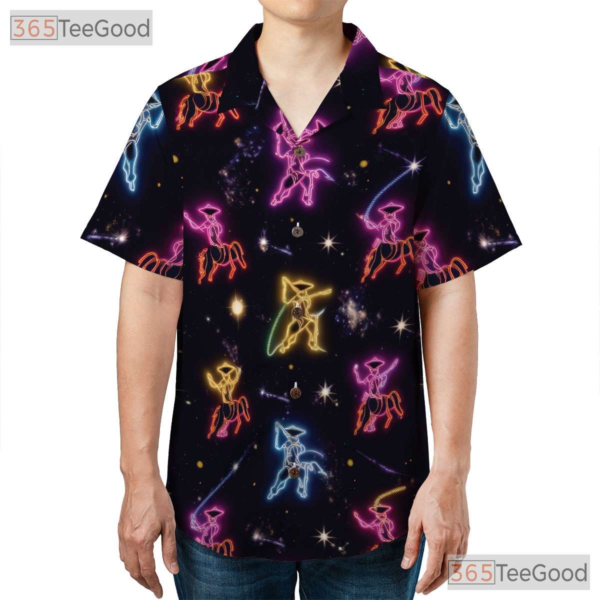 Neon Cowboy Western Hawaiian Tee- Unisex Rodeo Horse Lasso Space Party Top