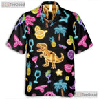 Neon Dinosaur Cocktail Hawaiian Tee- Unisex Tropical Palm Summer Party Top