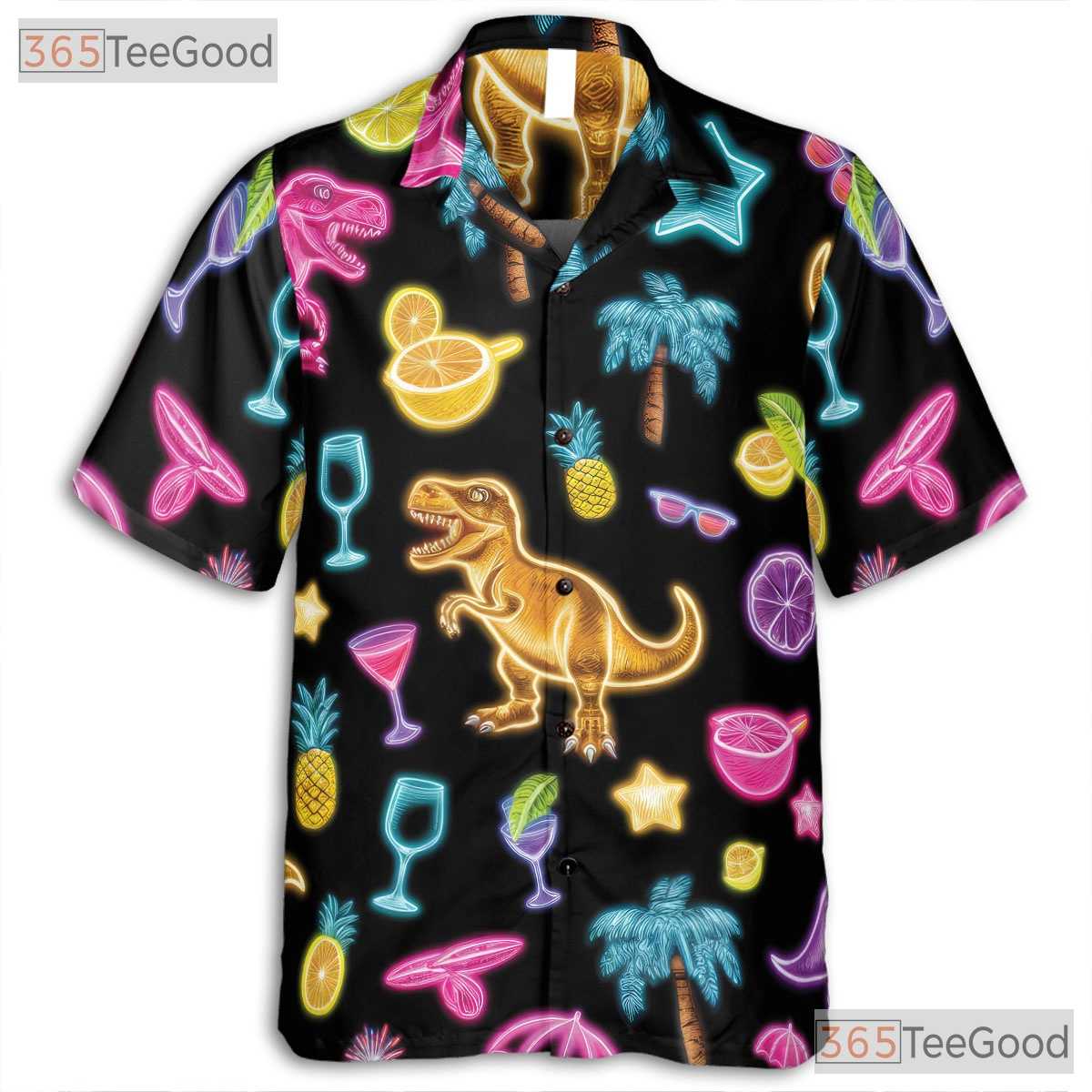 Neon Dinosaur Cocktail Hawaiian Tee- Unisex Tropical Palm Summer Party Top