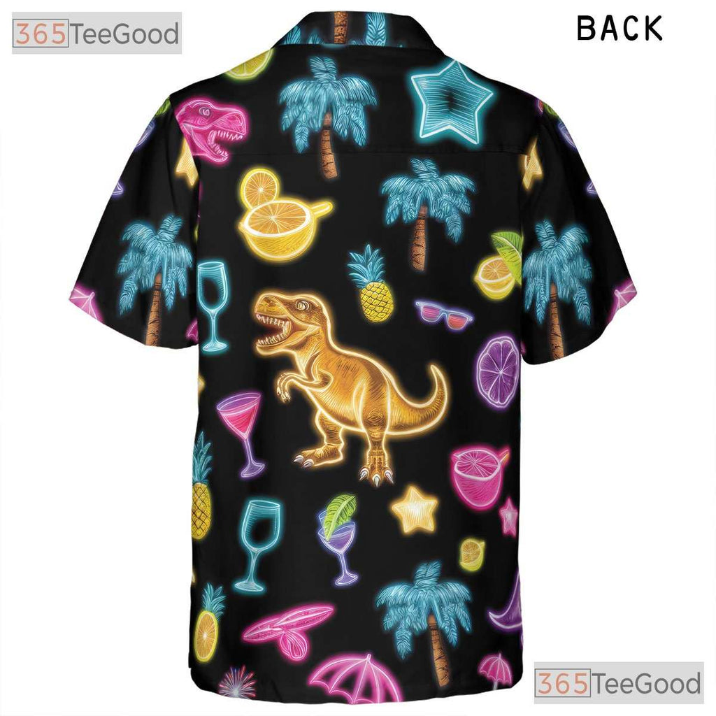 Neon Dinosaur Cocktail Hawaiian Tee- Unisex Tropical Palm Summer Party Top