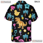 Neon Dinosaur Cocktail Hawaiian Tee- Unisex Tropical Palm Summer Party Top