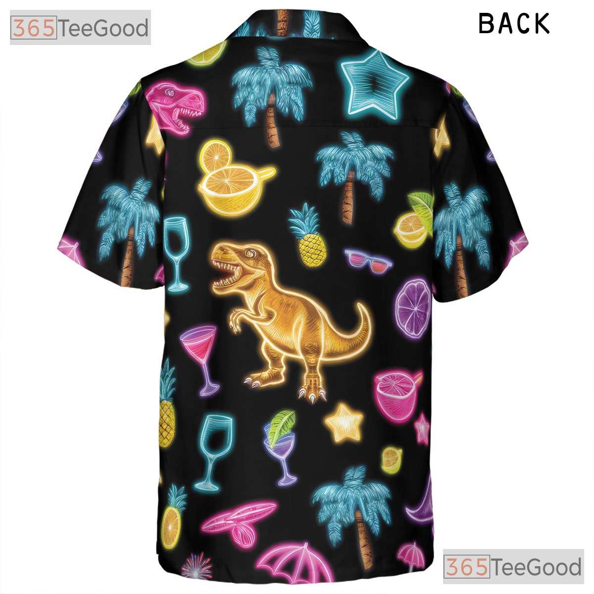 Neon Dinosaur Cocktail Hawaiian Tee- Unisex Tropical Palm Summer Party Top