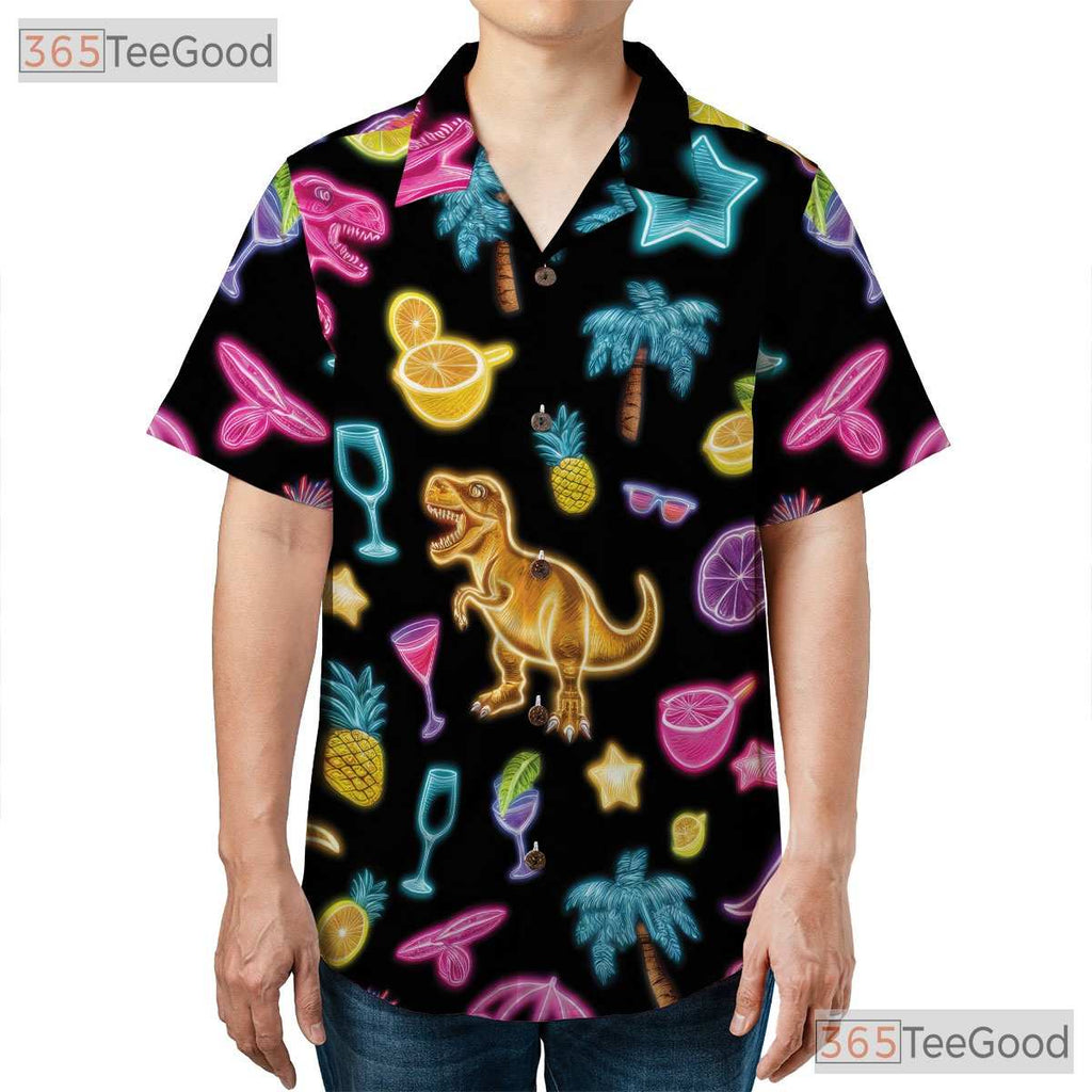 Neon Dinosaur Cocktail Hawaiian Tee- Unisex Tropical Palm Summer Party Top