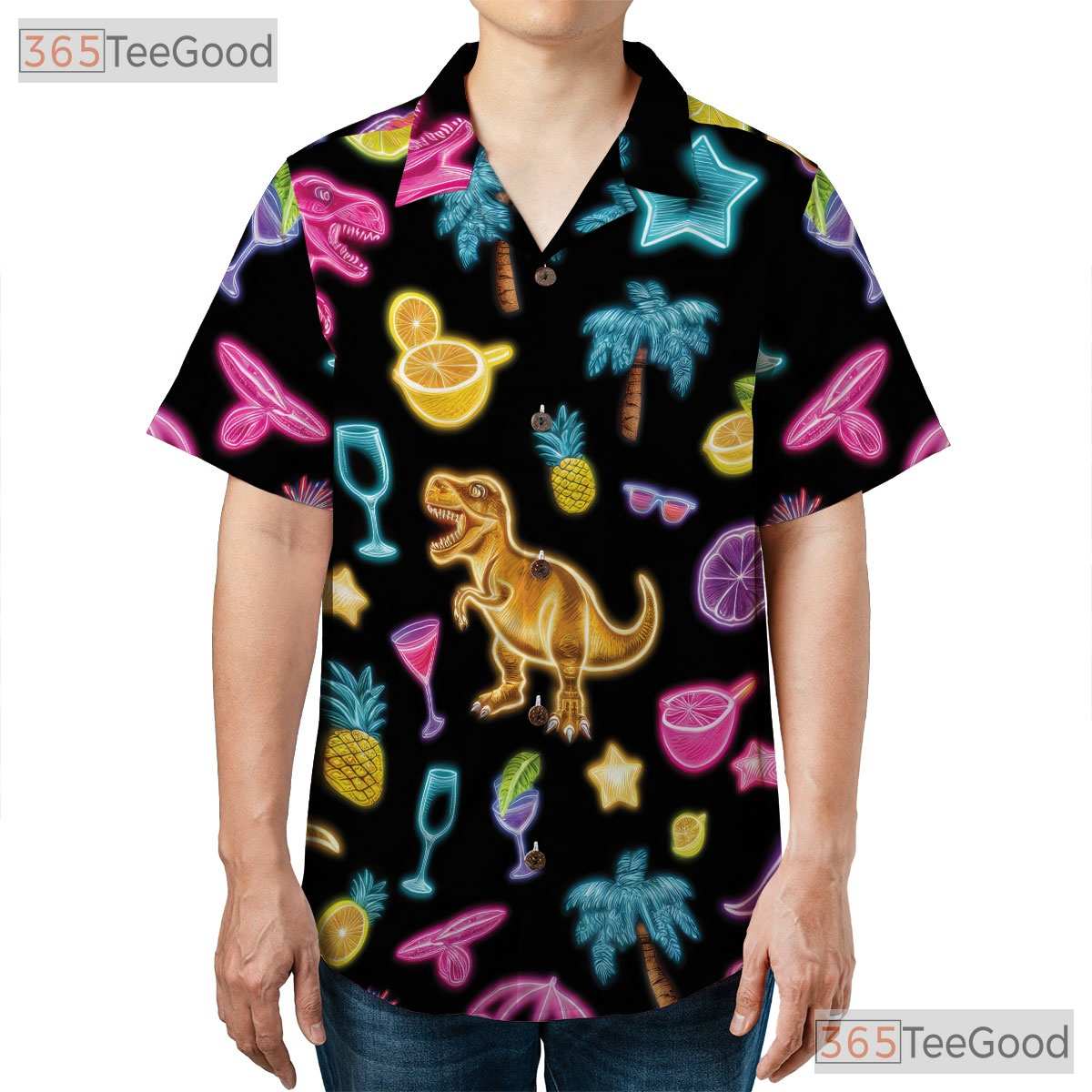 Neon Dinosaur Cocktail Hawaiian Tee- Unisex Tropical Palm Summer Party Top