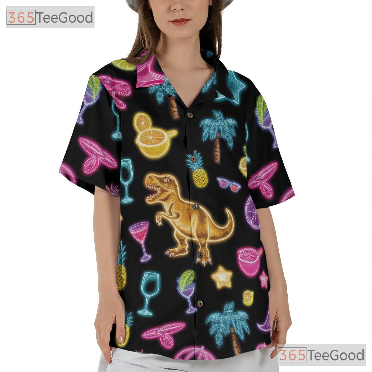 Neon Dinosaur Cocktail Hawaiian Tee- Unisex Tropical Palm Summer Party Top