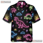 Neon Dinosaur Tropical Print Hawaiian Tee- Unisex Funny Summer Button-Up Top