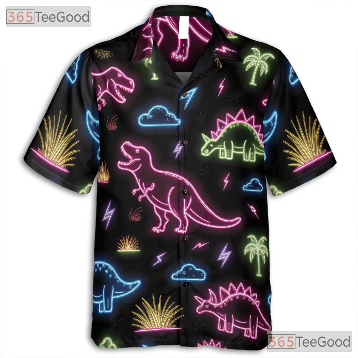 Neon Dinosaur Tropical Print Hawaiian Tee- Unisex Funny Summer Button-Up Top