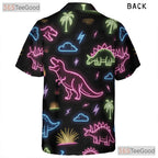 Neon Dinosaur Tropical Print Hawaiian Tee- Unisex Funny Summer Button-Up Top