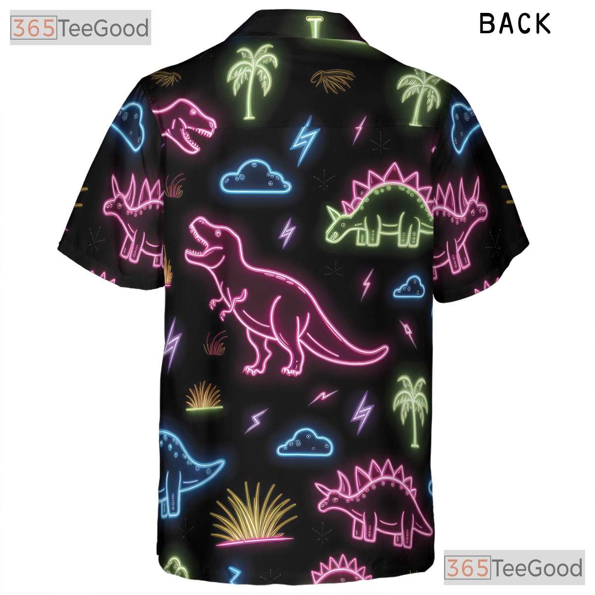 Neon Dinosaur Tropical Print Hawaiian Tee- Unisex Funny Summer Button-Up Top