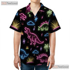 Neon Dinosaur Tropical Print Hawaiian Tee- Unisex Funny Summer Button-Up Top
