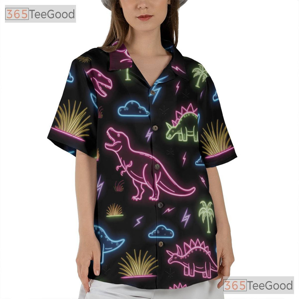 Neon Dinosaur Tropical Print Hawaiian Tee- Unisex Funny Summer Button-Up Top