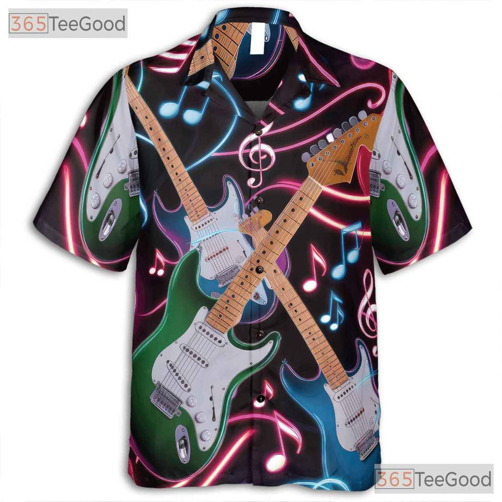 Neon Electric Guitar Rock Music Notes Black Concert Aloha Hawaiian Tee Unisex