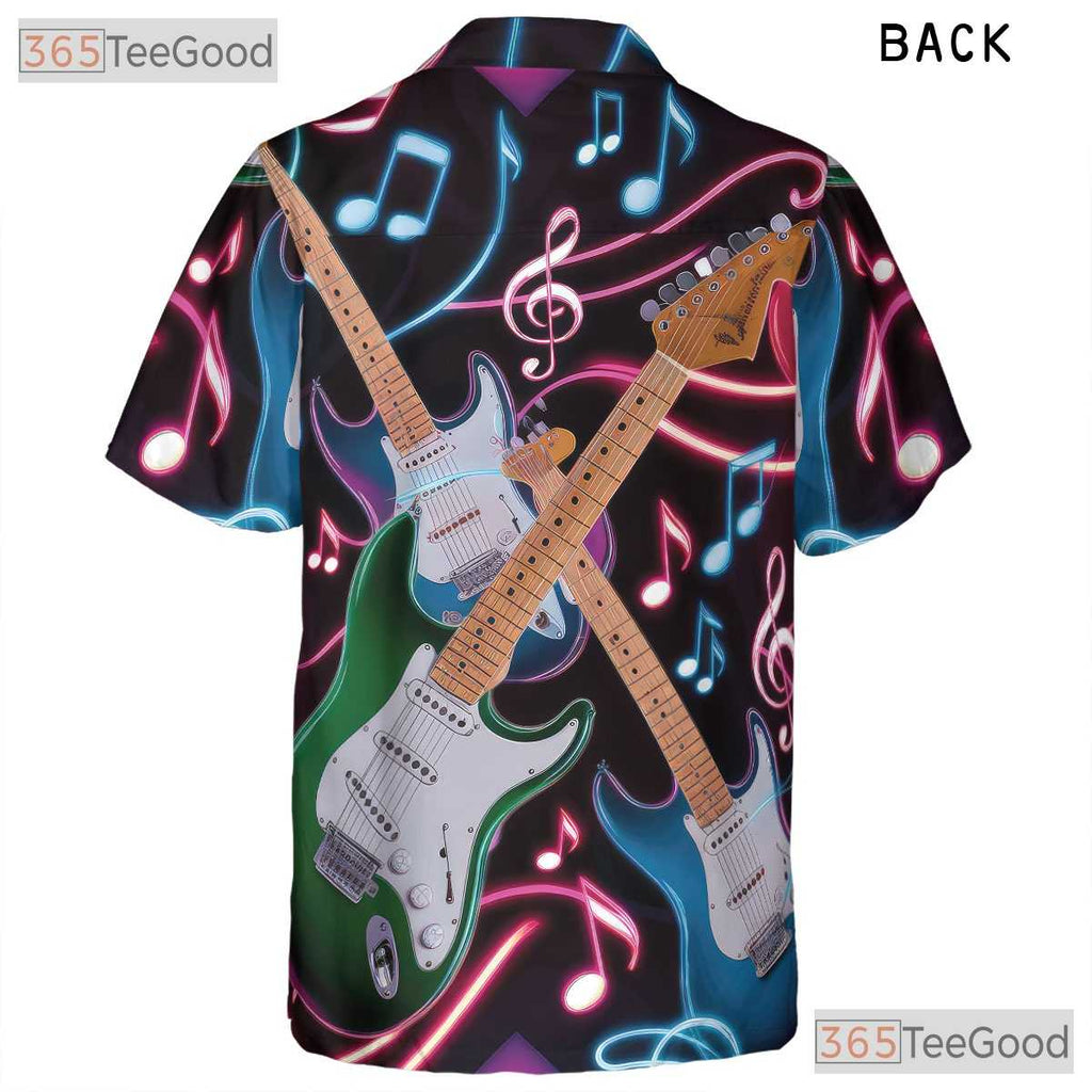 Neon Electric Guitar Rock Music Notes Black Concert Aloha Hawaiian Tee Unisex