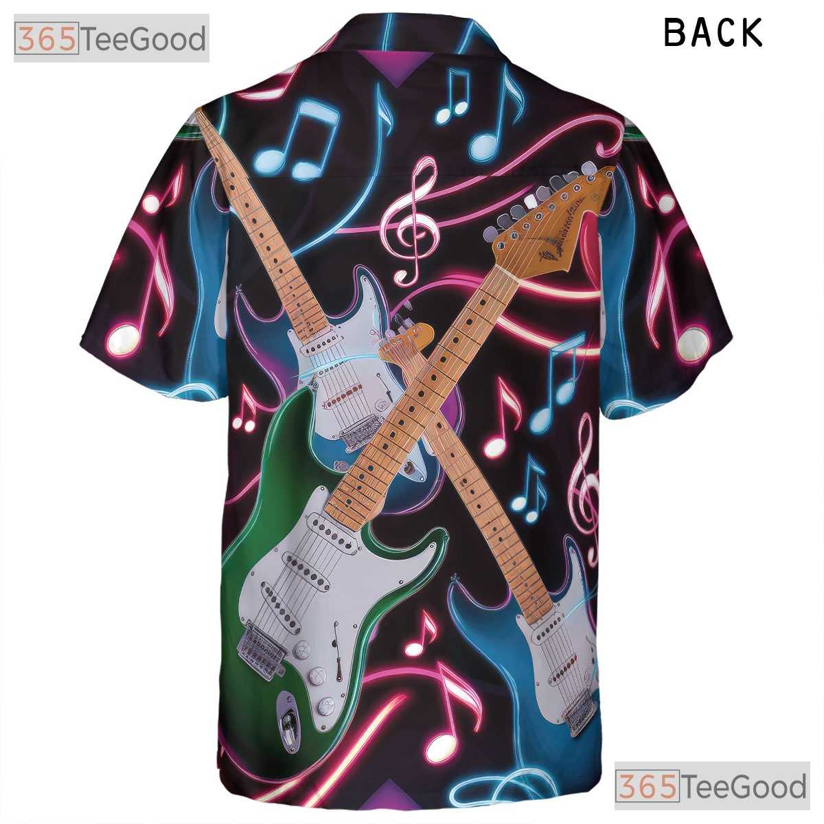 Neon Electric Guitar Rock Music Notes Black Concert Aloha Hawaiian Tee Unisex