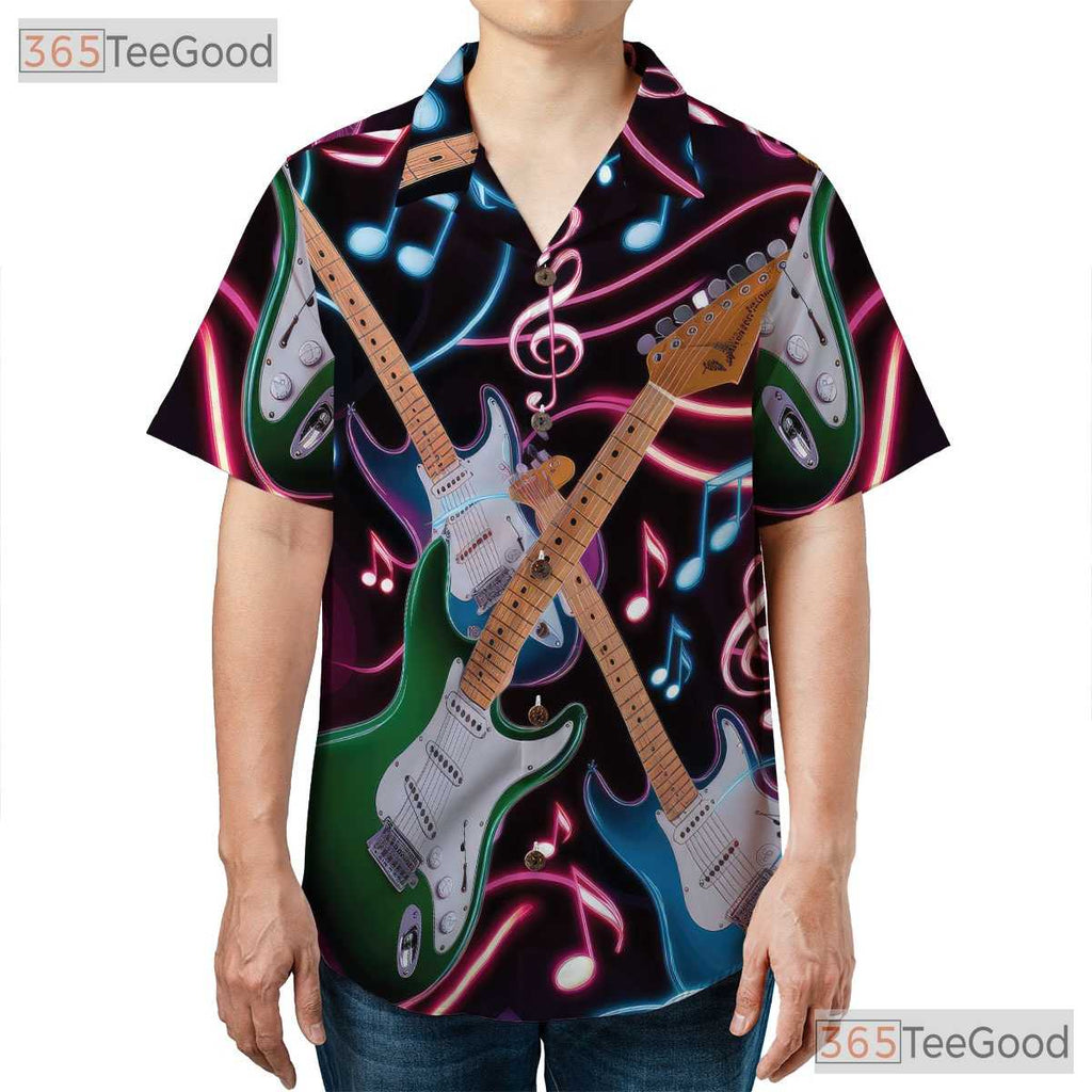 Neon Electric Guitar Rock Music Notes Black Concert Aloha Hawaiian Tee Unisex