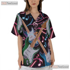 Neon Electric Guitar Rock Music Notes Black Concert Aloha Hawaiian Tee Unisex