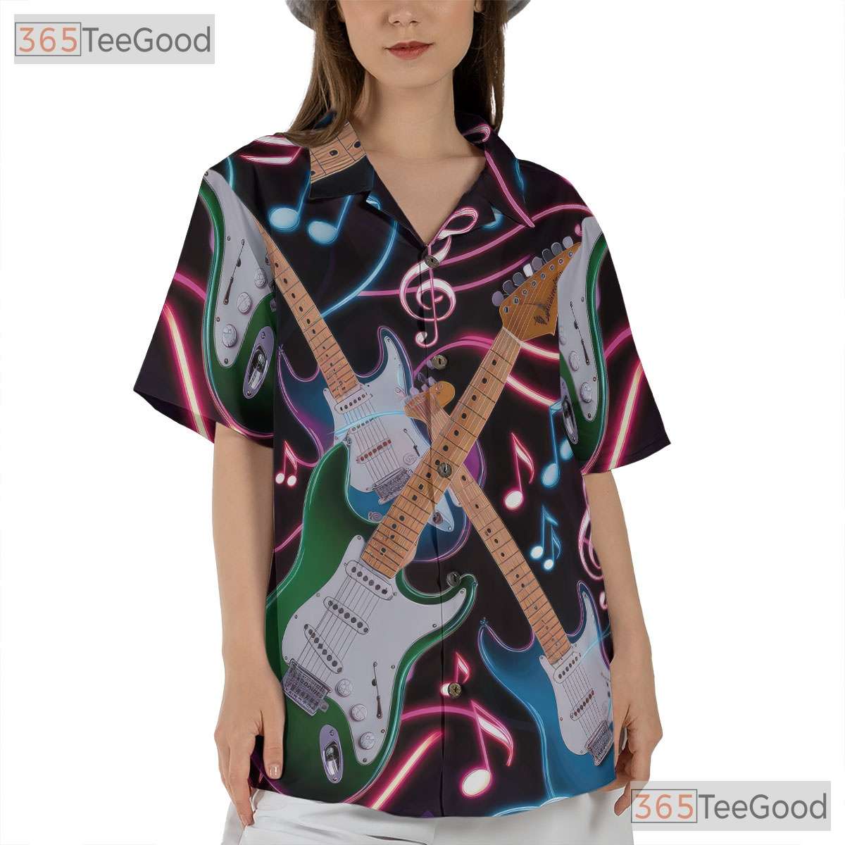 Neon Electric Guitar Rock Music Notes Black Concert Aloha Hawaiian Tee Unisex