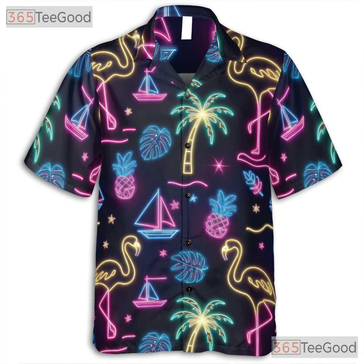 Neon Flamingo Retro Tropical Aloha Beach Party Hawaiian Tee Unisex Outfit Top