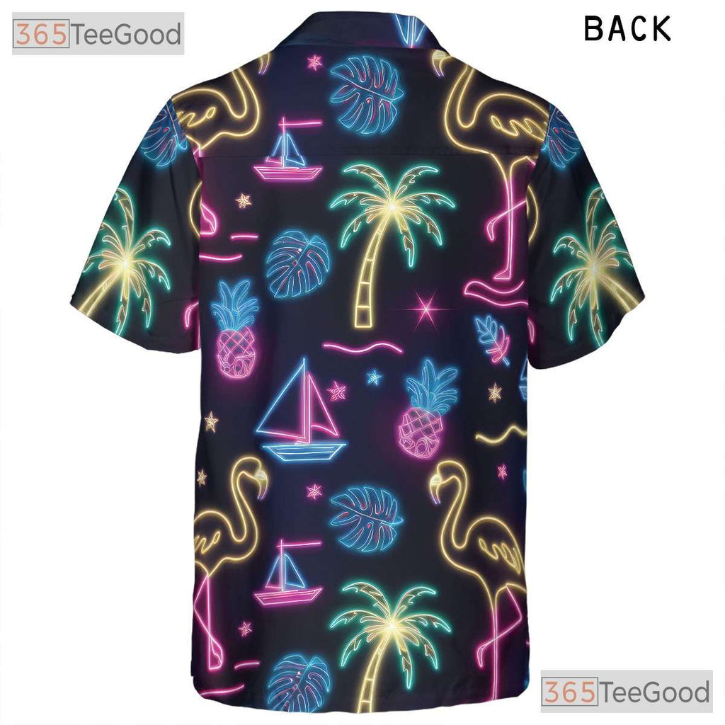 Neon Flamingo Retro Tropical Aloha Beach Party Hawaiian Tee Unisex Outfit Top