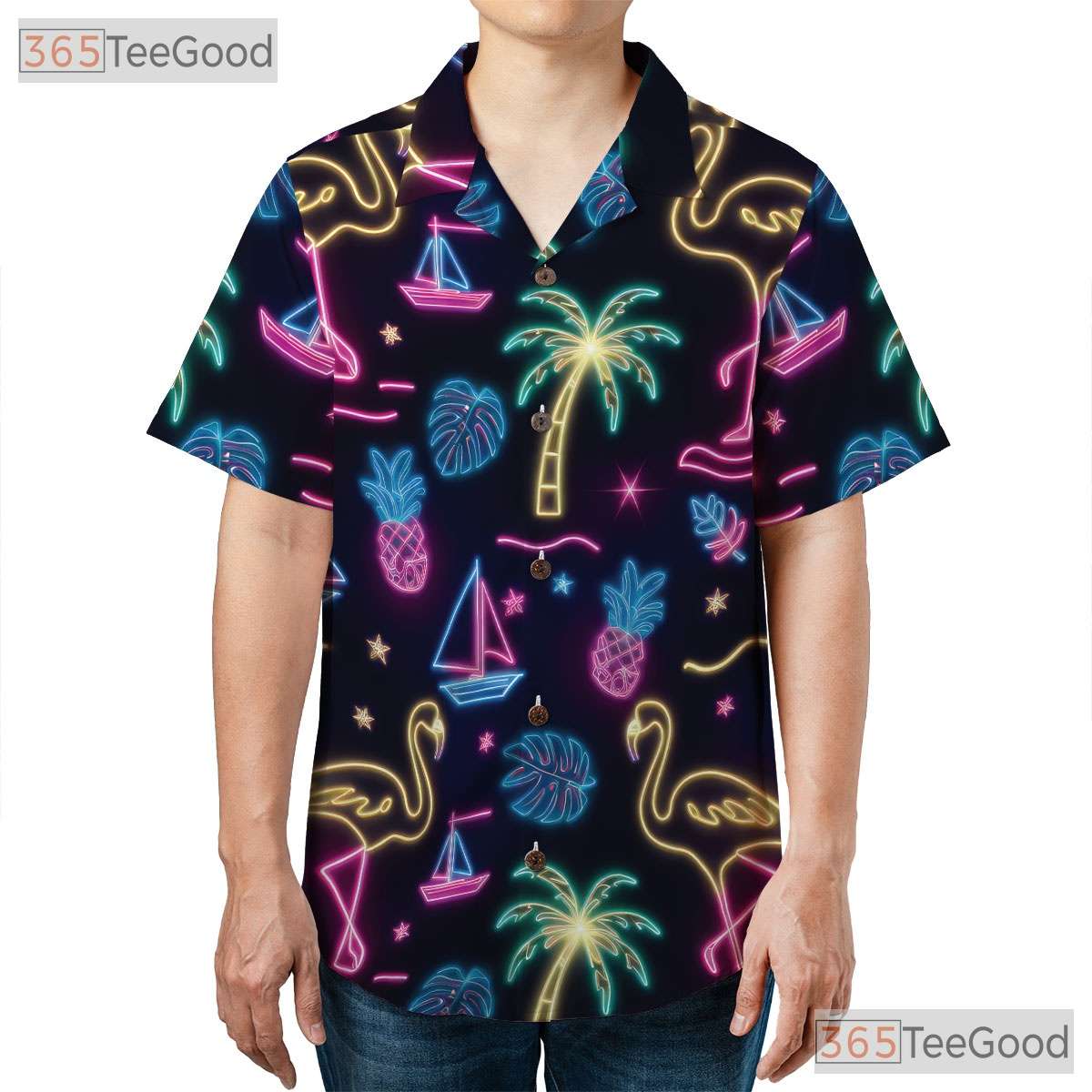 Neon Flamingo Retro Tropical Aloha Beach Party Hawaiian Tee Unisex Outfit Top