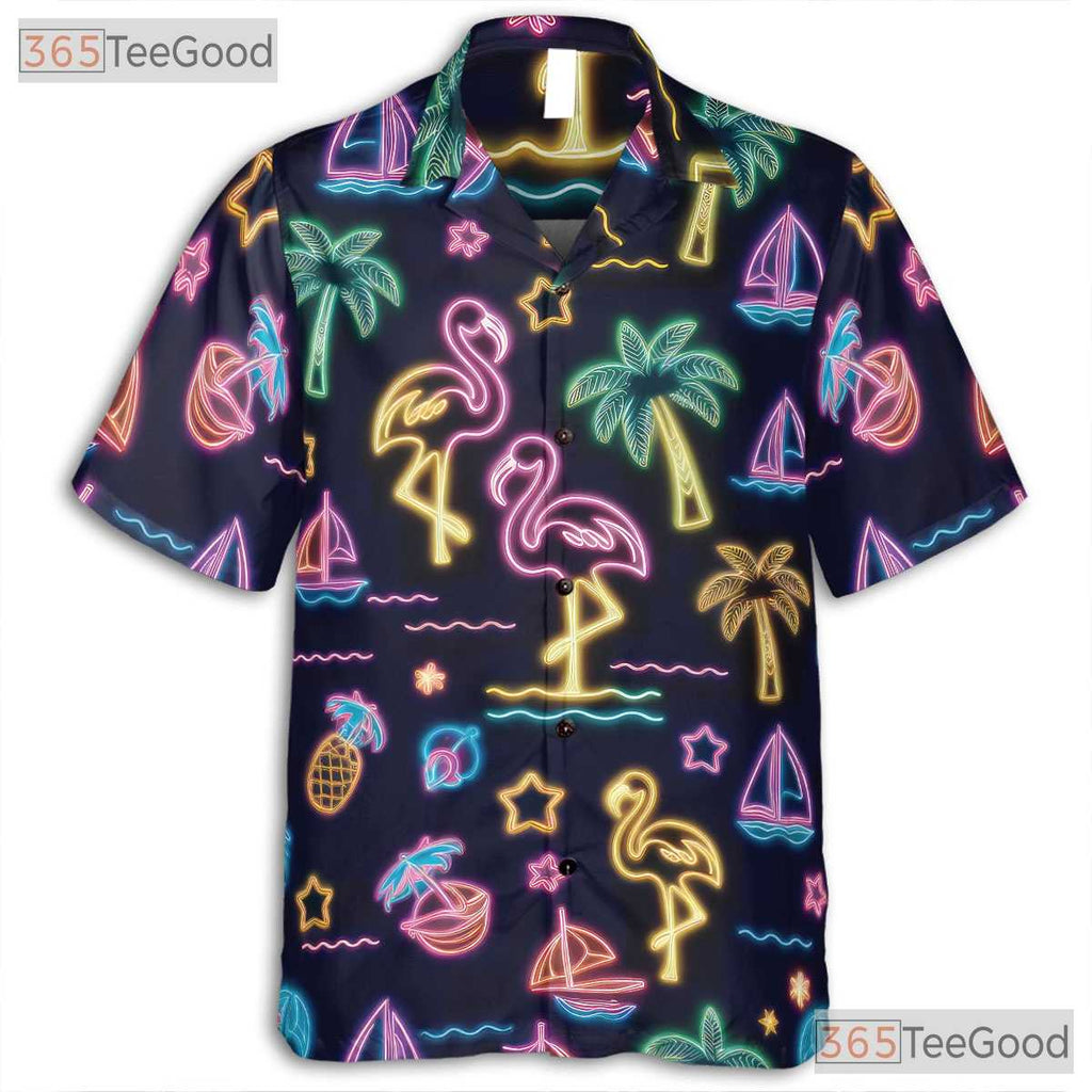 Neon Glow Flamingo Aloha Beach Party Hawaiian Shirt Men Women Summer Vacation