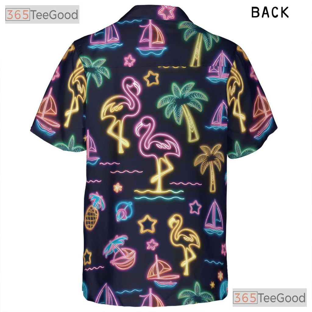 Neon Glow Flamingo Aloha Beach Party Hawaiian Shirt Men Women Summer Vacation