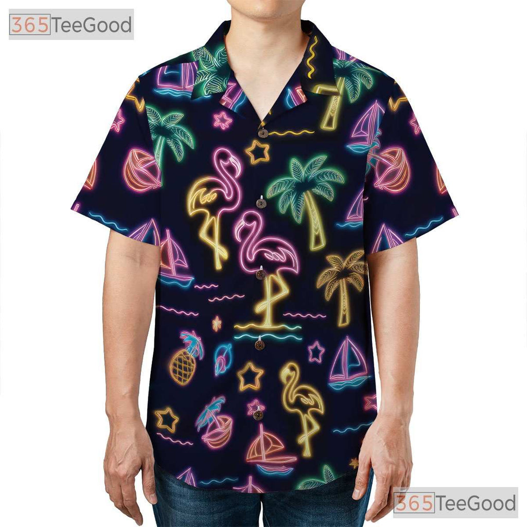 Neon Glow Flamingo Aloha Beach Party Hawaiian Shirt Men Women Summer Vacation