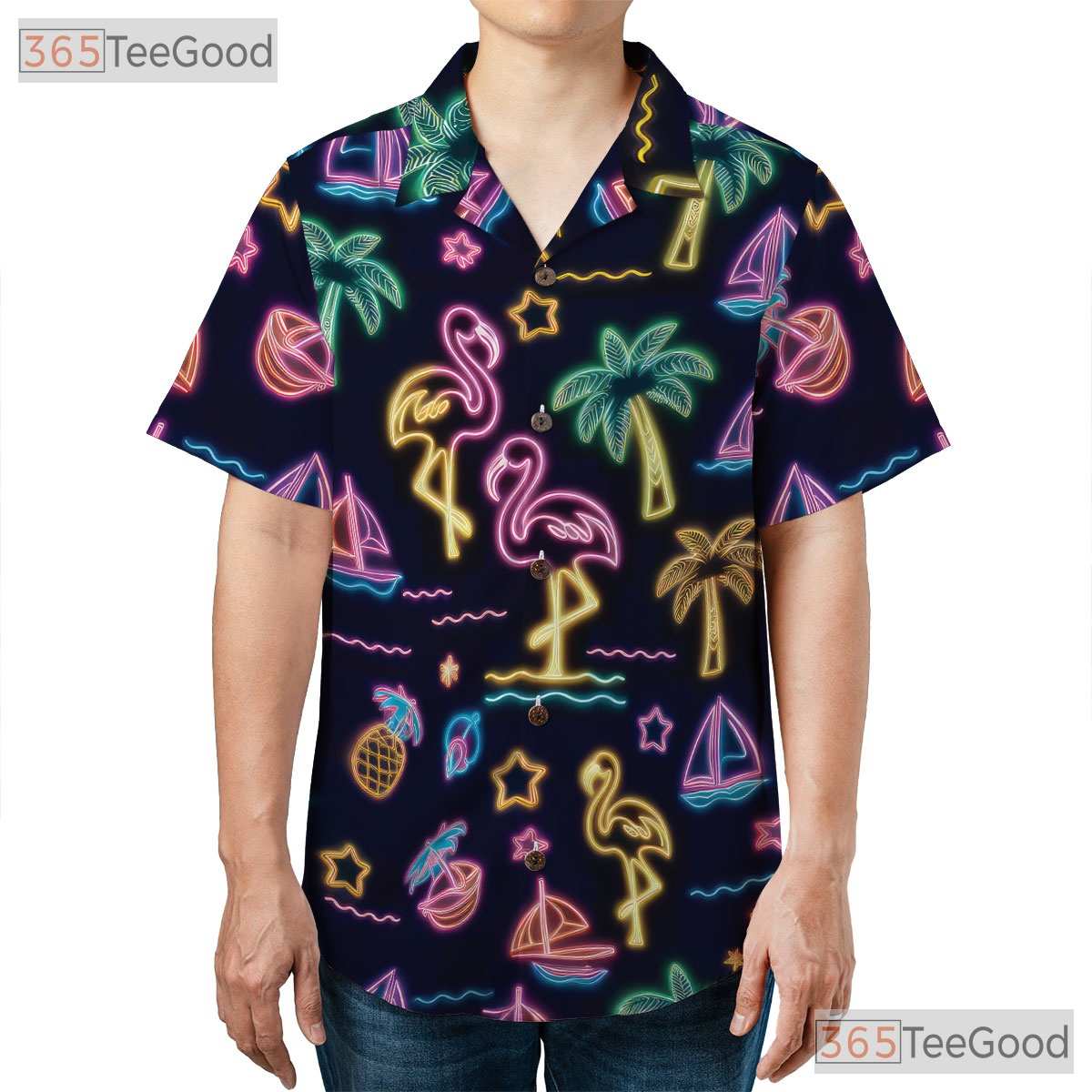 Neon Glow Flamingo Aloha Beach Party Hawaiian Shirt Men Women Summer Vacation