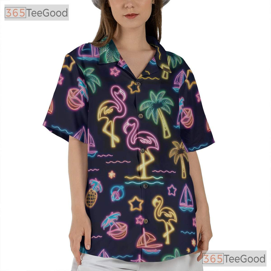 Neon Glow Flamingo Aloha Beach Party Hawaiian Shirt Men Women Summer Vacation