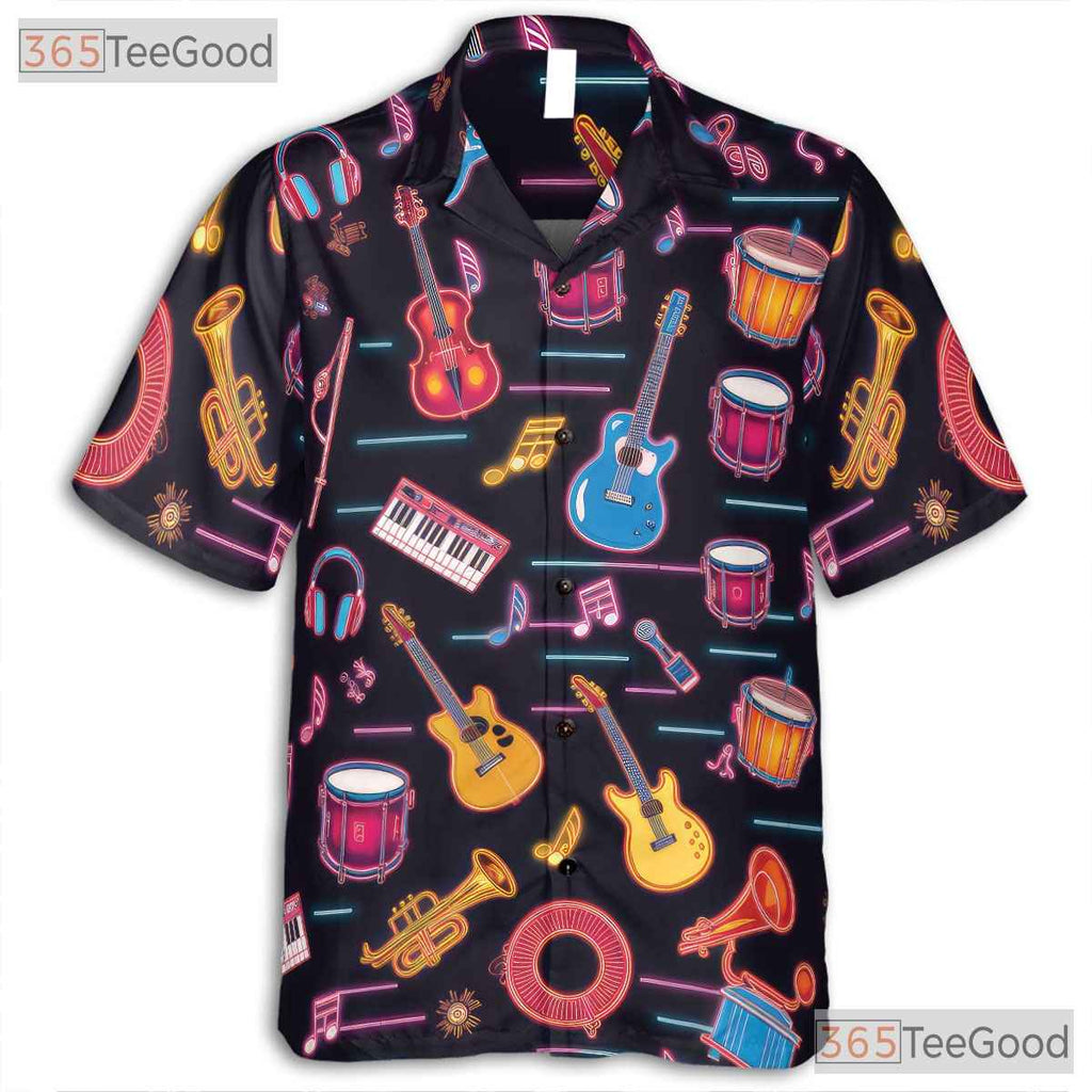 Neon Glow Guitar Drum Aloha Festival Party Music Hawaiian Shirt Unisex Top