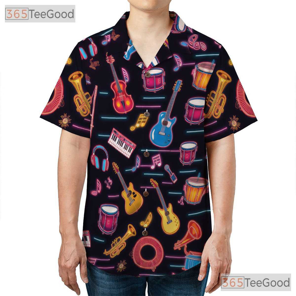 Neon Glow Guitar Drum Aloha Festival Party Music Hawaiian Shirt Unisex Top