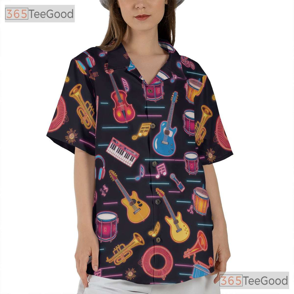 Neon Glow Guitar Drum Aloha Festival Party Music Hawaiian Shirt Unisex Top