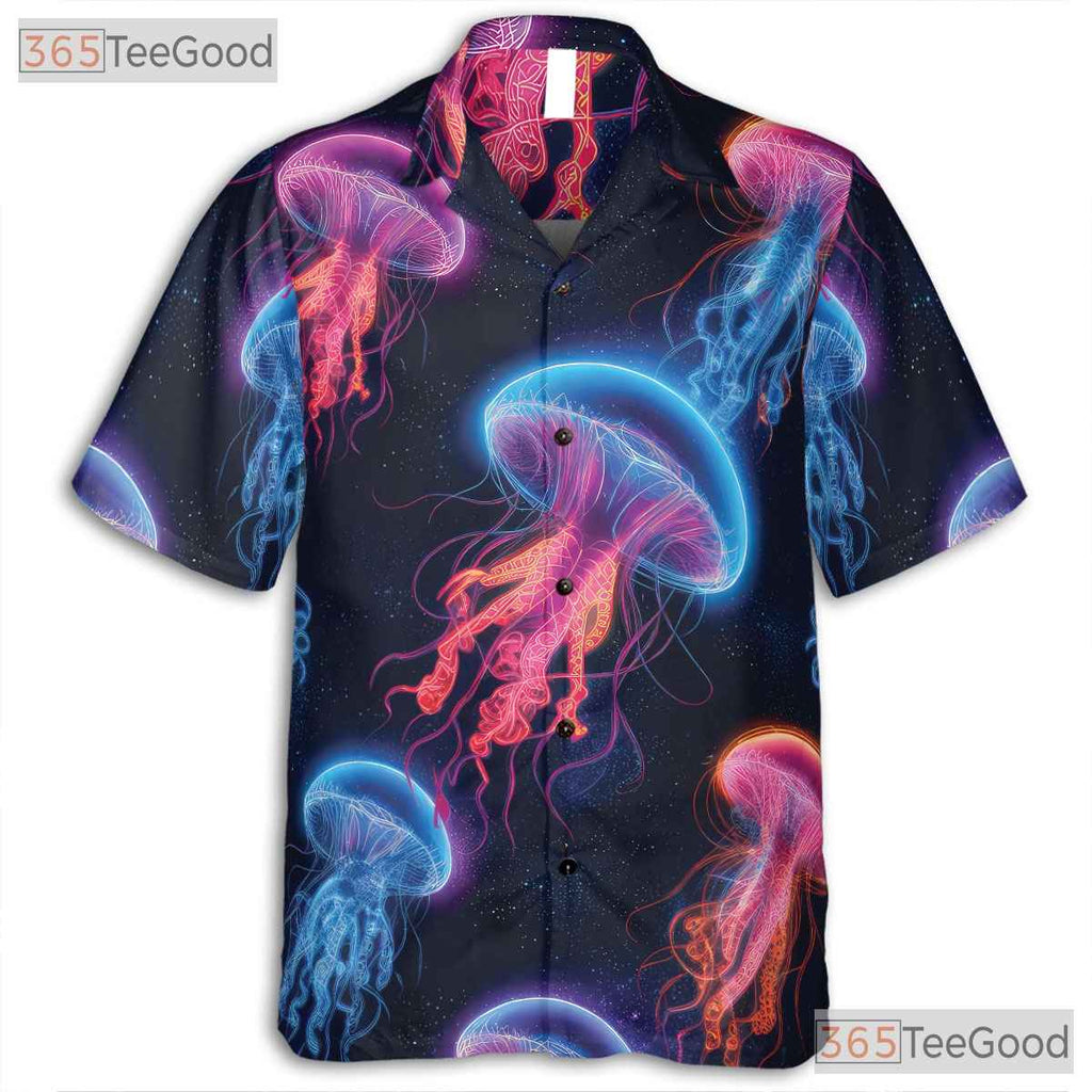 Neon Jellyfish Bioluminescent Ocean Space Aloha Party Hawaiian Shirt Unisex